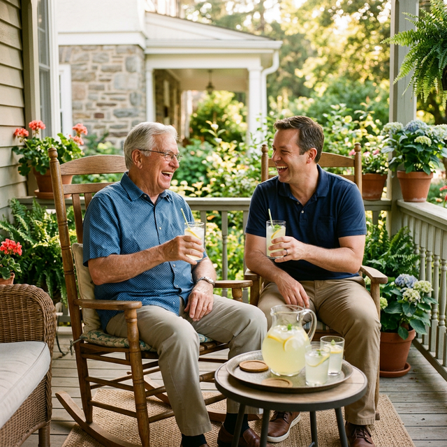 Adult children visiting elderly parents comfortably
