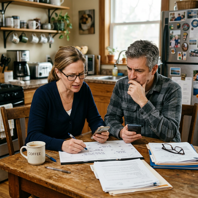 Siblings on phones coordinating elderly parent care